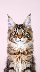 Obraz premium Maine Coon or tabby cat with fluffy fur staring intensely at camera in vertical studio shot