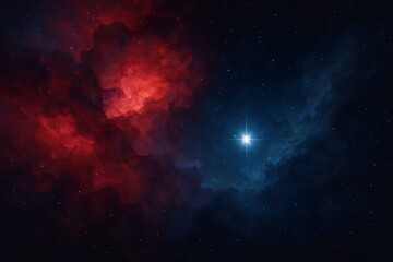 A cosmic image showing a nebula in deep red and blue hues, with a bright star shining at the center, creating a captivating space scene.