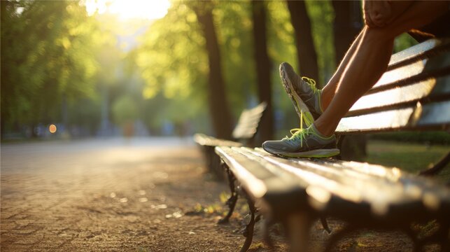 Athletic man stretching legs on park bench after long distance race, exhausted marathon runner recovering from intense workout, fitness and endurance concept. - Powered by Adobe