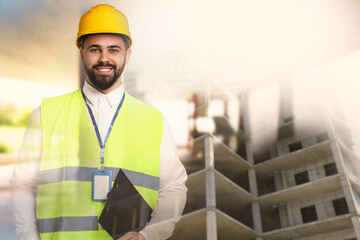 Engineer with clipboard and unfinished building, double exposure