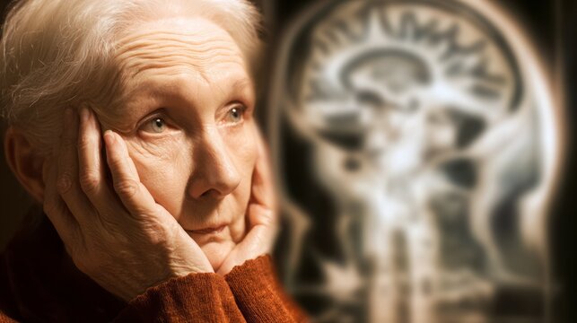 Elderly woman with concerned expression symbolizing dementia risk and memory loss, brain scan in background representing cognitive decline and aging health issues.