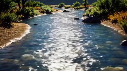 Sungai padang pasir dingin, vegetasi scrub, air berkilau, Realistis, 3D look (cinematic), Statis (kamera diam), Smooth (gerakan tidak tersendat), 4K resolusi, Loopable seamless