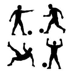 Soccer Player Silhouette Action Poses Collection with Kick, Dribble, and Goal Celebration Gestures in Solid Black Style - Transparent Background