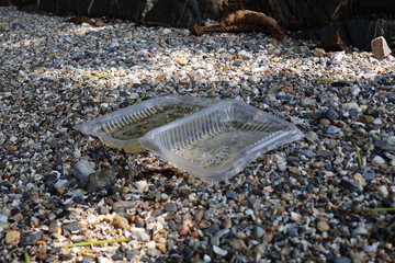 discarded plastic food container on a rocky beach
