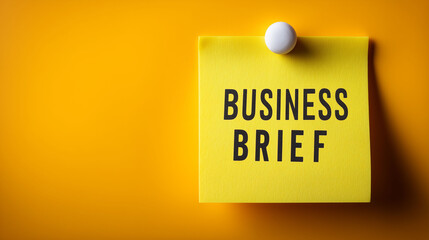 Business brief sticky note pinned on yellow wall representing important update announcement strategy reminder or corporate message in minimal visual style
