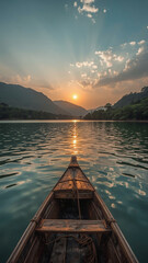 AI image of an aerial view of a serene lake landscape, surrounded by soft, rolling mountains with lush green forests, featuring a worn, wooden boat gently drifting on the calm waters.