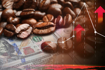 Coffee price rising. Dollars, roasted coffee beans and graph. Double exposure