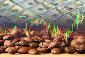 Coffee price rising. Dollars, roasted coffee beans and graph. Double exposure