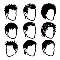 Male Hairstyle Silhouette Icon Set in Side View for Men and Boys - Transparent Background