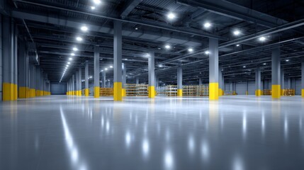 Modern Warehouse Interior with Bright Lighting and Space