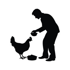 Silhouette of a Man Feeding a Chicken with Grain from a Bowl