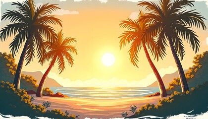 Sunset on Tropical Beach with Palm Trees