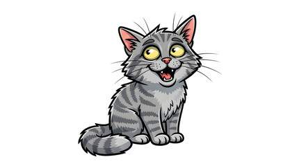 Obraz premium Cute gray tabby cat illustration sitting with wide open eyes and happy expression on transparent background. Pet animal cartoon character graphic.