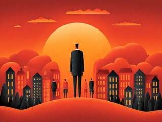 Silhouetted figures against a vibrant sunset cityscape.
