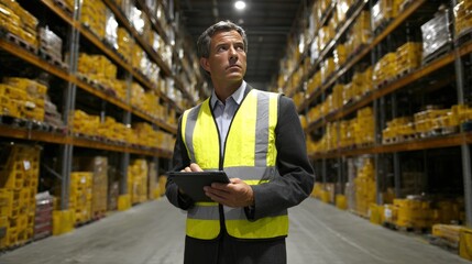 Warehouse Manager Reviewing Inventory with Tablet