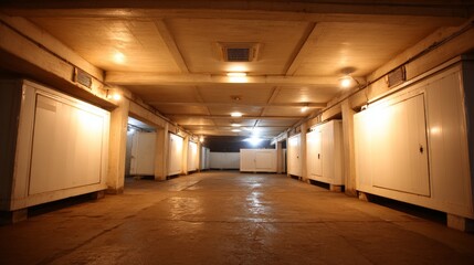 Empty Underground Parking Garage with Storage Units