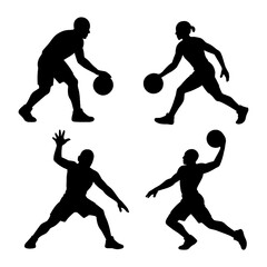 Basketball Player Silhouette Poses Collection with Action Gestures in Solid Black Style - Transparent Background