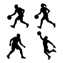 Basketball Player Silhouette Poses Collection with Action Gestures in Solid Black Style - Transparent Background