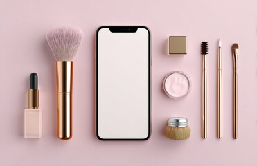 This image illustrates the idea of purchasing cosmetics via the internet, with a mobile phone displayed on a pink background alongside an array of beauty products and accessories