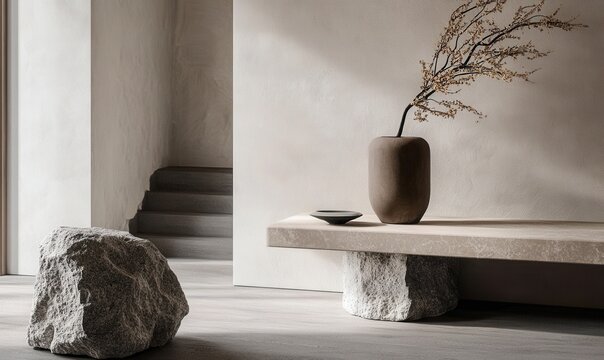 tactile minimalism interior, matte surfaces, natural stone, linen textures, soft shadows, sensory design