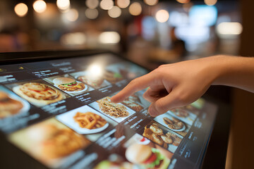 Close-up of a finger pointing at a touch screen display with food options, showcasing the modern self-service ordering system in a fast food restaurant environment.