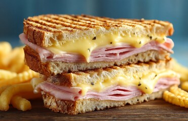On a wooden board, a delicious panini sandwich with ham and melted cheese is served, featuring crunchy toasted bread and a sprinkle of parsley, ideal for a speedy lunch or brunch, and a great snack