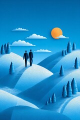 Two figures walking in a serene landscape.