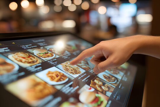 Close-up of a finger pointing at a touch screen display with food options, showcasing the modern self-service ordering system in a fast food restaurant environment.