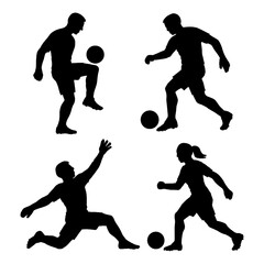 Soccer Player Silhouette Action Poses Collection with Kick, Dribble, and Goal Celebration Gestures in Solid Black Style - Transparent Background