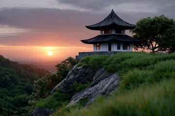 Fototapeta premium Lone Pagoda at Sunset on Lush Green Hilltop with Dramatic Sky