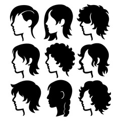 Women&rsquo;s Hair Silhouette Collection &ndash; Female Hairstyles and Haircuts Icon Set, Transparent Background