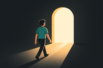 Obraz premium Flat illustration of a man walking towards a glowing open door in a dark room, symbolizing hope, opportunity, and new beginnings.