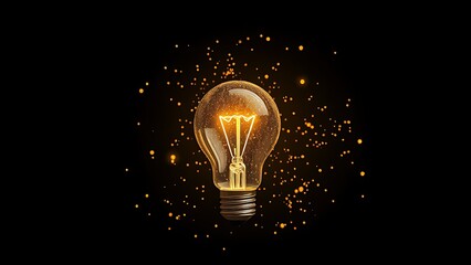 Golden lightbulb surrounded by floating particles, symbolizing creativity and bright ideas in darkness.