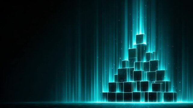 Abstract pyramid of glowing cubes illuminated by teal light beams