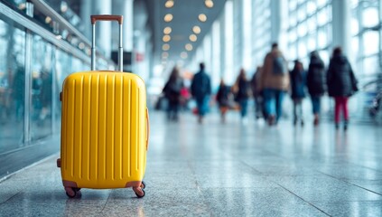 In the airport terminal, a lone yellow suitcase remains, illustrating the idea of abandoned travel items and the travel concept, with no passenger to be found
