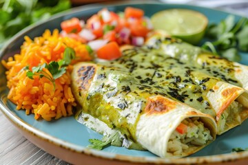 Ultra Hd Picture of Enchiladas Verdes with a Side of Rice and Beans Mexican Food