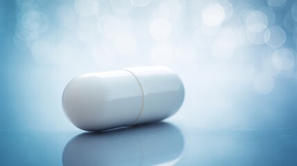 Sleek white capsule on minimalist blue background symbolizing pharmaceutical innovation for weight management, modern healthcare and medical treatment concept.