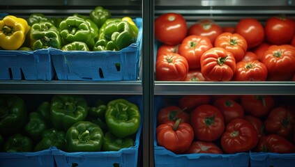 Fresh Produce Display, Peppers and Tomatoes in Supermarket Refrigeration