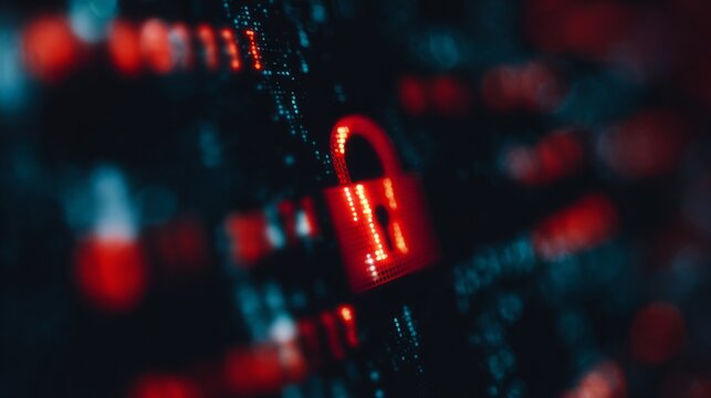 Glowing red padlock on dark digital interface symbolizing cryptocurrency security breach, blockchain technology concept for cyber security and data protection.