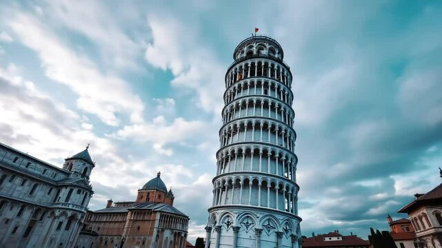 A cinematic wide shot of the Leaning Tower of Pisa, captured from a low angle, with the tower's iconic tilt exaggerated by