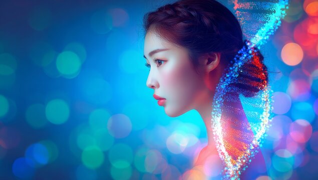 A young woman's face is depicted with an overlay of AI interface, where digital lines and dots form connections between her facial features and a DNA structure, embodying the fusion of beauty,