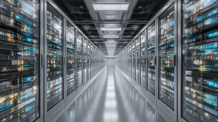 Fototapeta premium Data center server room corridor technology infrastructure and network systems