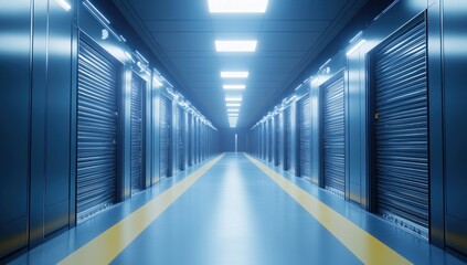Obraz premium Endless Blue, A Perspective View of Storage Units in Long Corridor