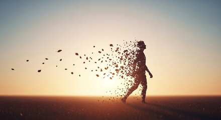 Dissolving Figure at Horizon Solitary Human Figure Partially Disintegrated Particles Trailing Desolate Landscape Vibrant SunsetSunrise Sky