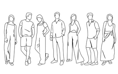 Vector silhouettes of men and women, group of standing  business people, profile, hand draw, linear sketch, black and white color, isolated on white background