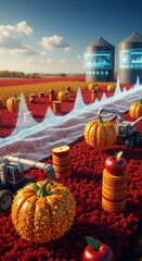 Abstract Smart Farm Scene Red Foliage Field Pumpkins Sliced Apples Holographic Silo Graphs Advanced Agriculture Futuristic Landscape