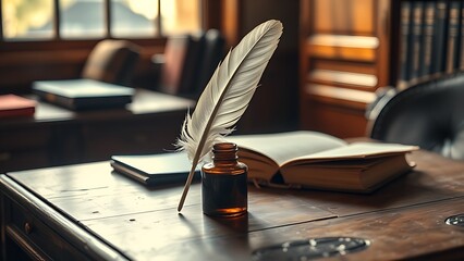 A vintage wooden desk featuring a feather quill and ink bottle in warm light.