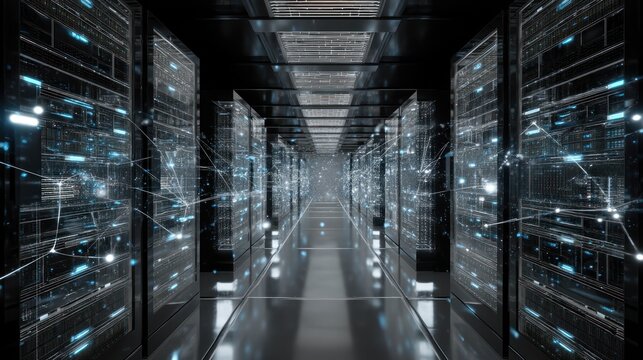 Glowing network connections in modern data center server room