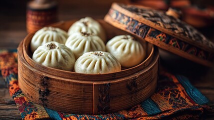 Delicious and authentic Chinese steamed buns, also known as baozi, served in a traditional bamboo steamer basket on a rustic wooden table.