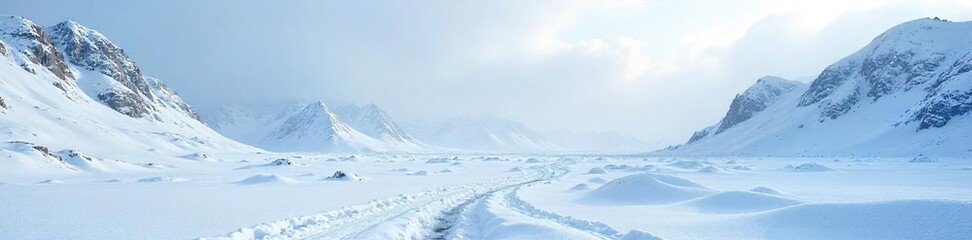 Stark Winter Landscape Icy Terrain and Frozen Lake Under a Blanket of Snow